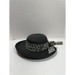 Panama Jack Black Floppy Straw Beach Hat With Leopard Scarf Ribbon Womens Summer
